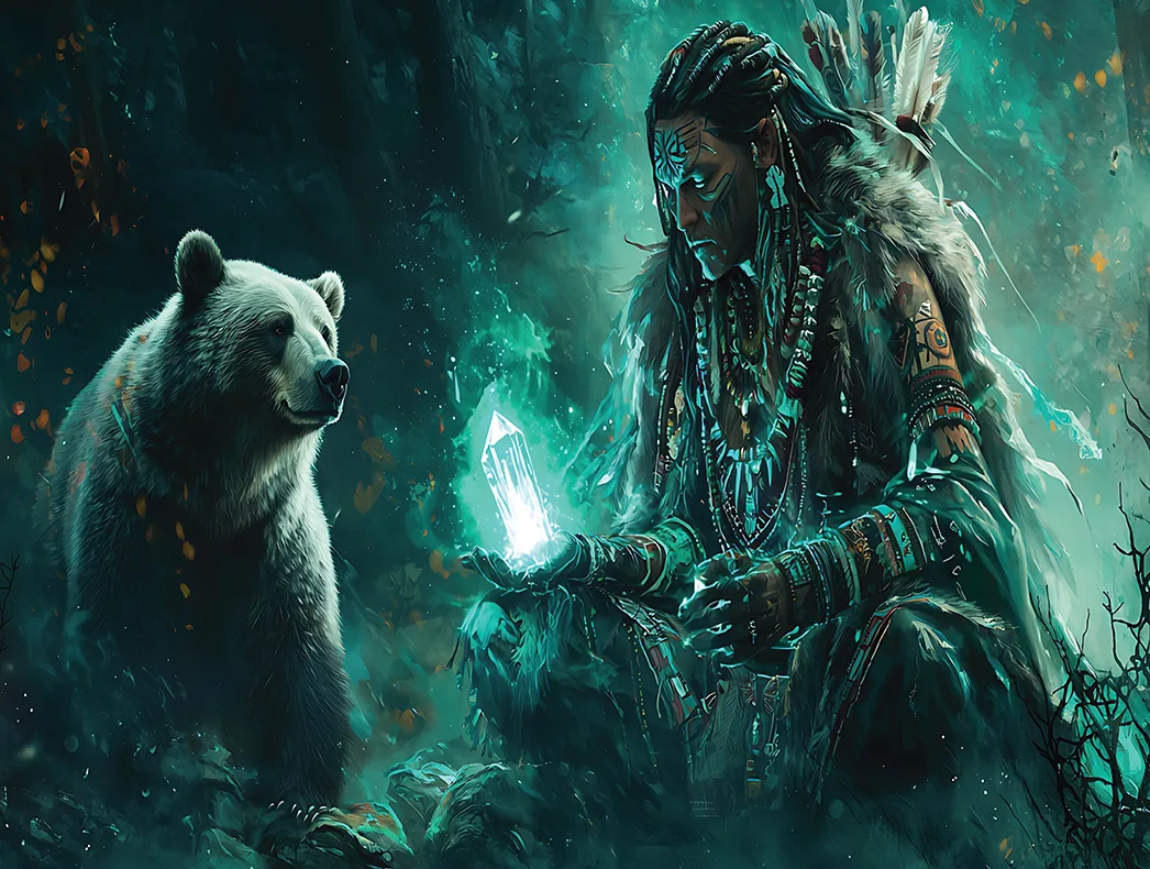 Spirit Bear and Shaman in mystical forest